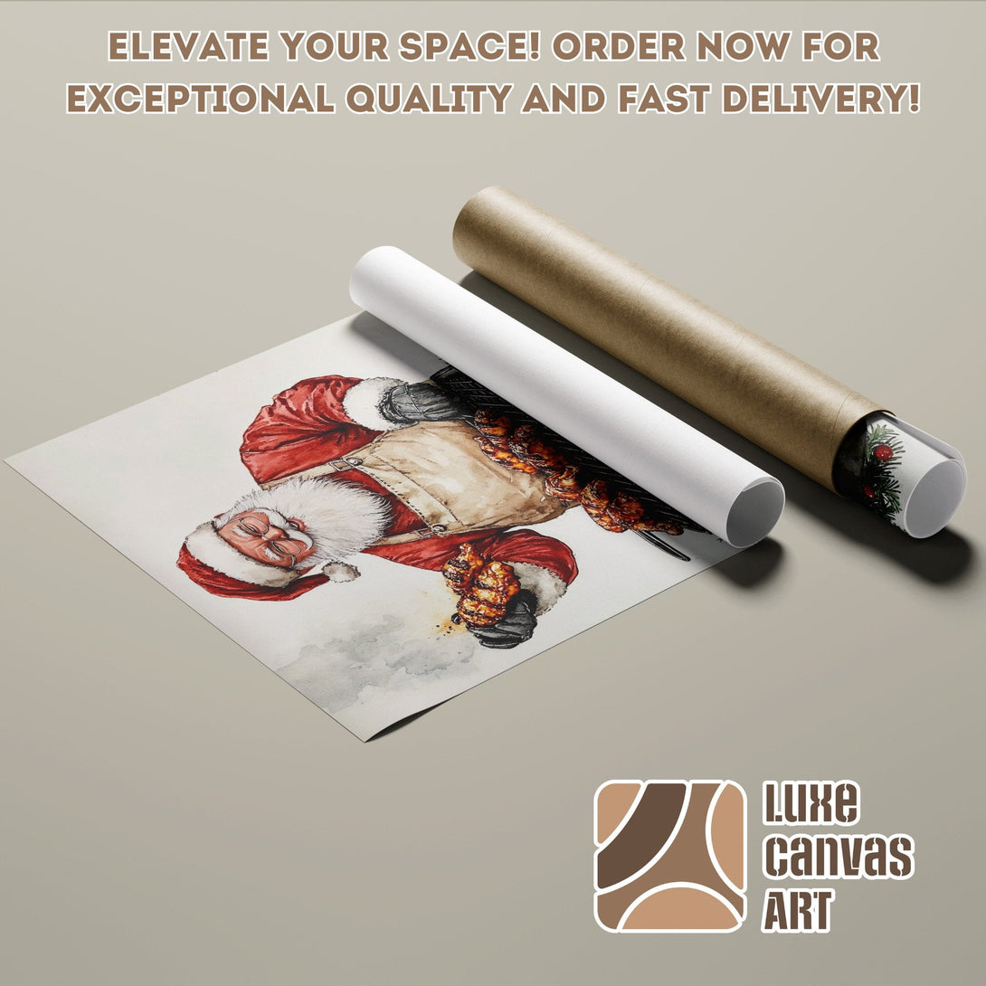 Watercolor Santa Claus Poster Roll in red, brown, and white. Perfect for Christmas decor!