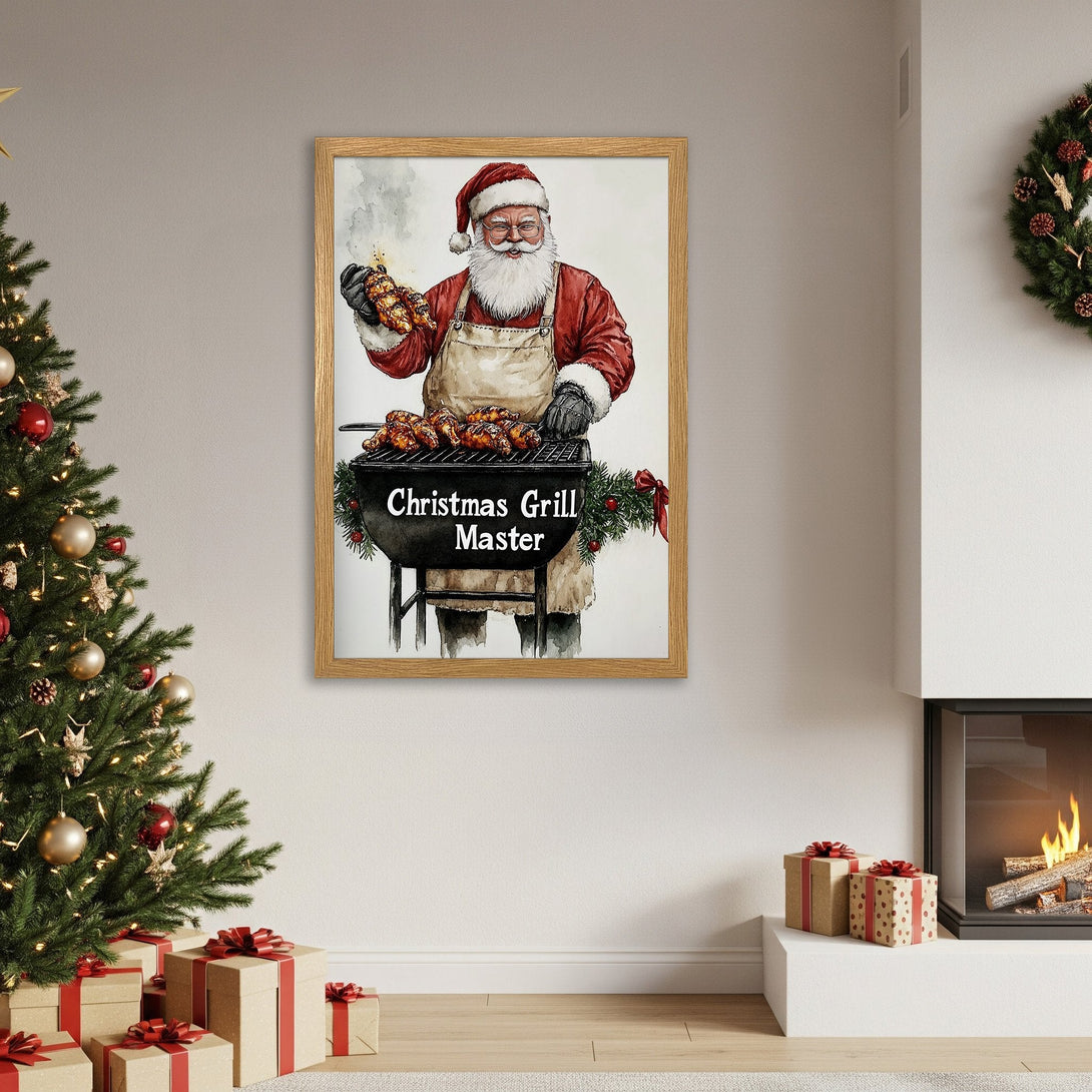 Framed Poster: Santa grilling, watercolor style, red & white Christmas art. Perfect holiday decor! Get yours today!