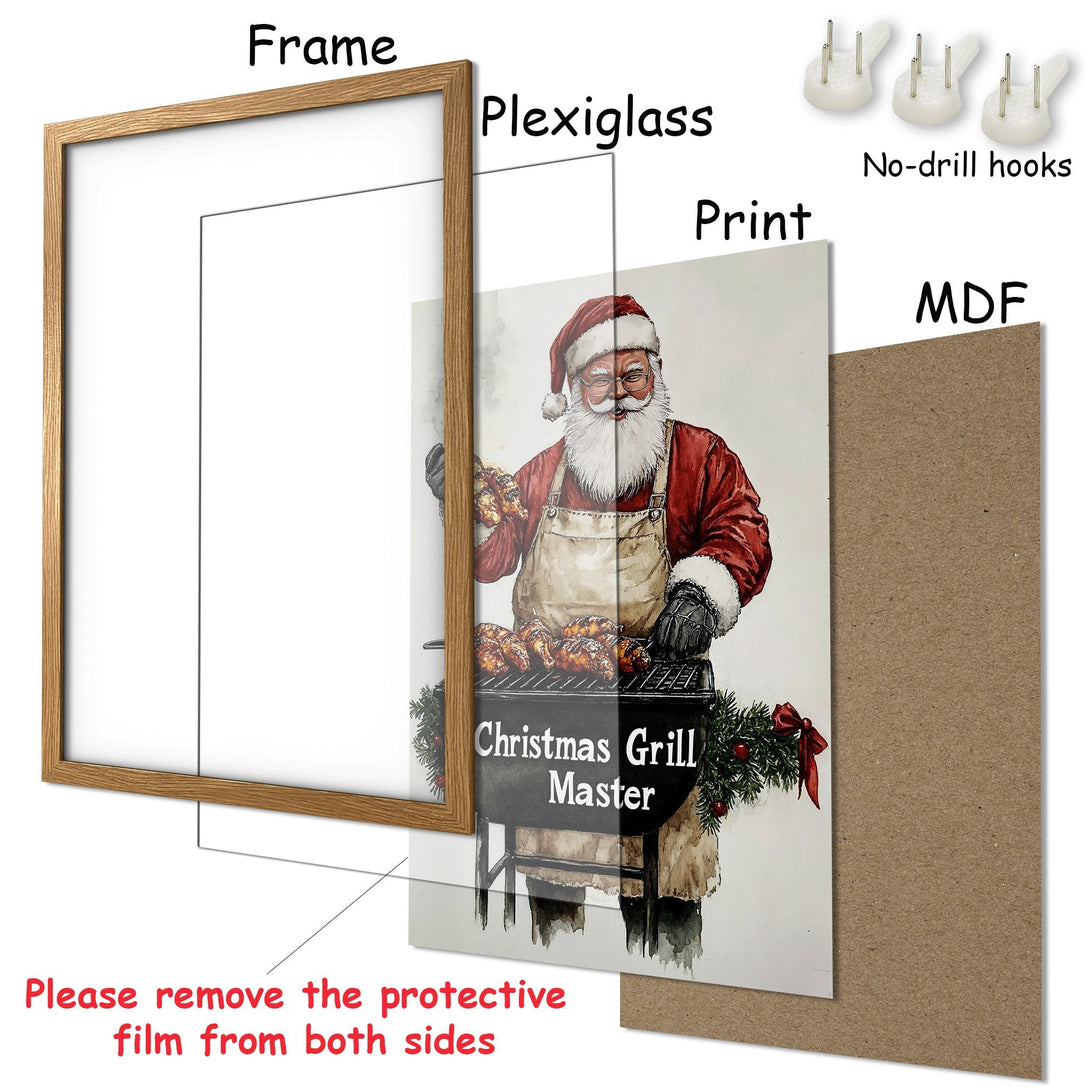Framed Poster featuring Santa grilling, watercolor style, warm red & brown tones. Perfect Christmas decor!