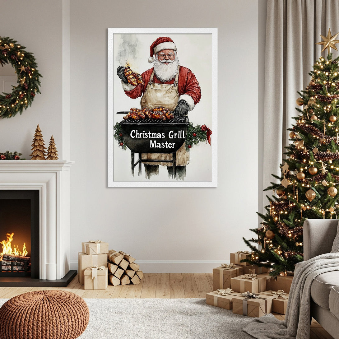 Framed Poster: Santa grilling, watercolor style, festive red & white palette. Perfect Christmas decor! Shop this unique Poster today!