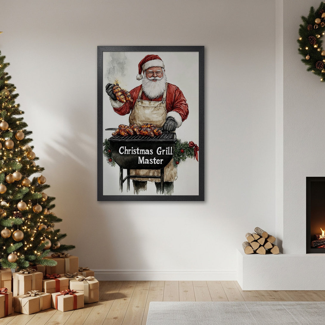 Framed Poster featuring Santa grilling, watercolor style, red & black palette, perfect Christmas decor.