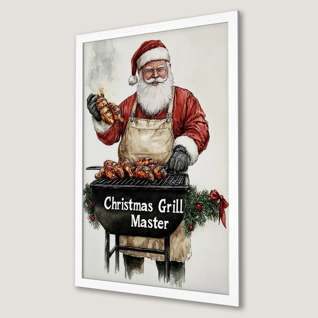 Framed Poster featuring Santa grilling, watercolor style, red & neutral color palette. Perfect Christmas decor!