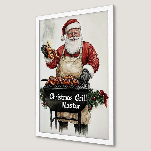 Framed Poster featuring Santa grilling, watercolor style, red & neutral color palette. Perfect Christmas decor!