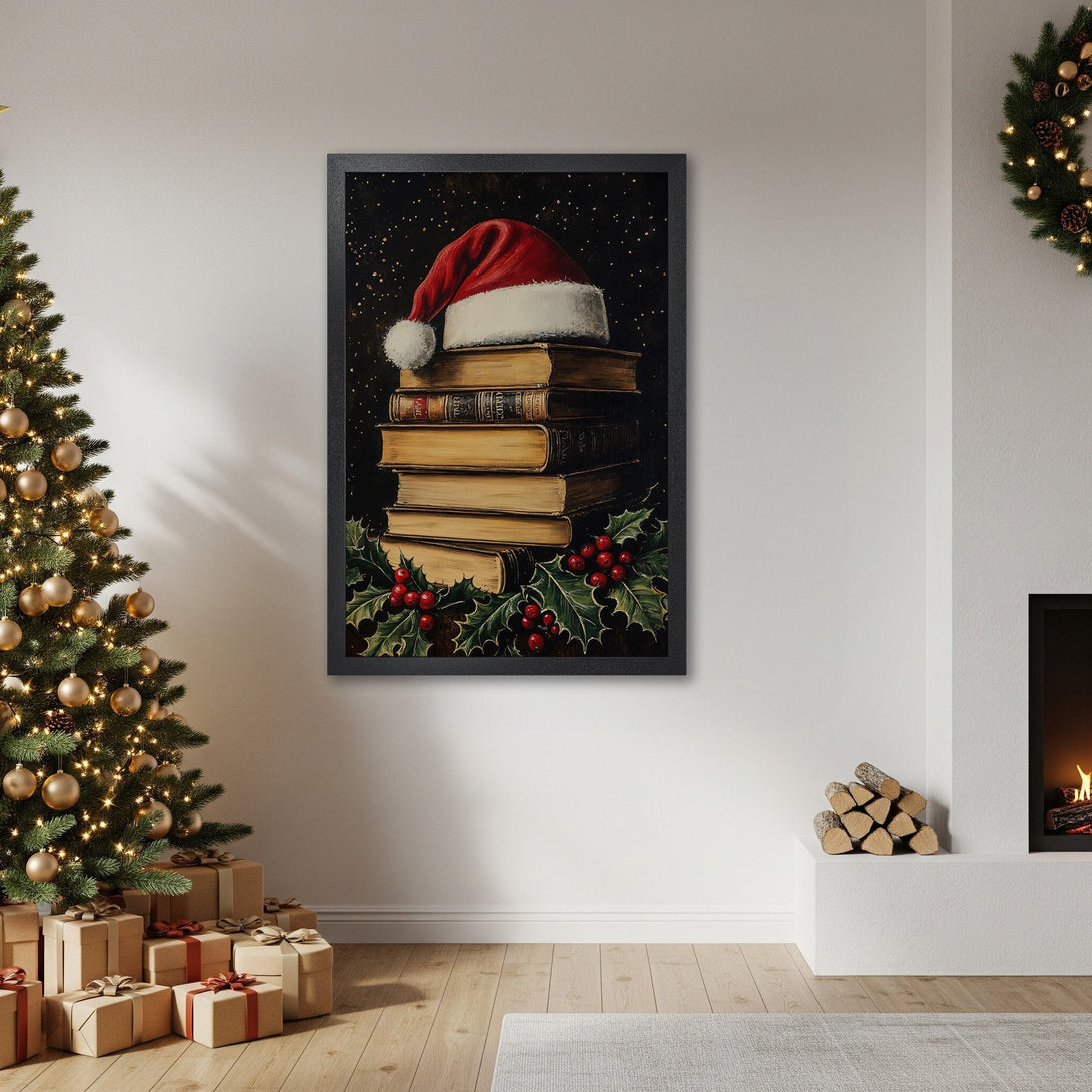 Framed Poster featuring Santa hat on books, festive Christmas decor, warm color palette, perfect holiday gift.