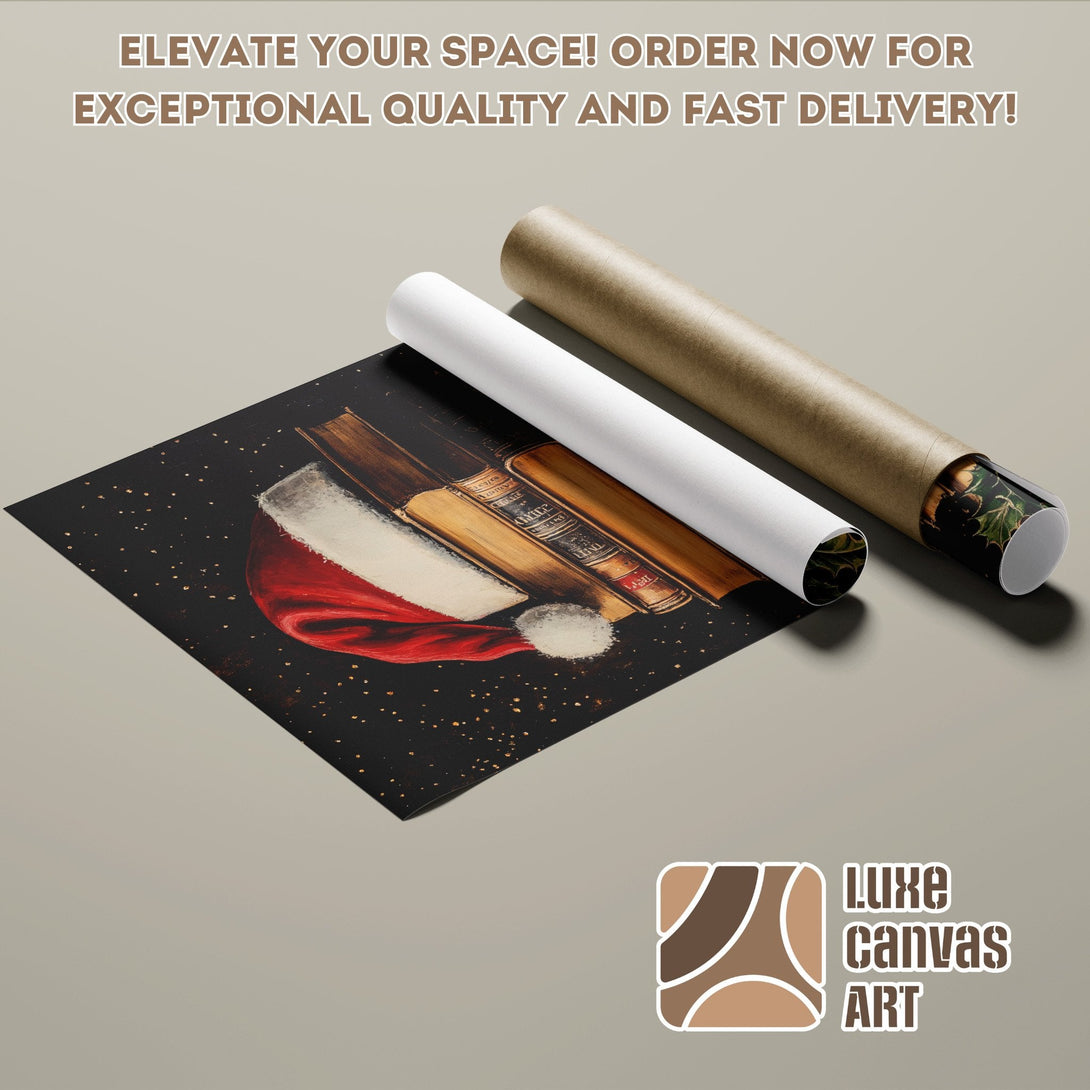 Poster Roll featuring a festive Santa hat and books on a black background, warm color palette.