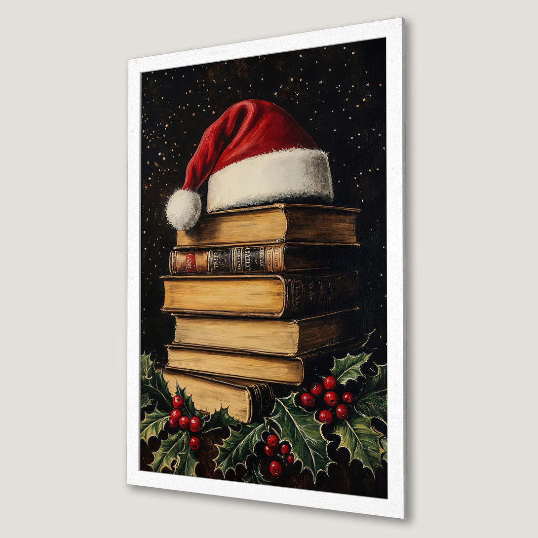 Framed Poster featuring a Santa hat on books, classic style with a warm, festive color palette. Perfect holiday decor!