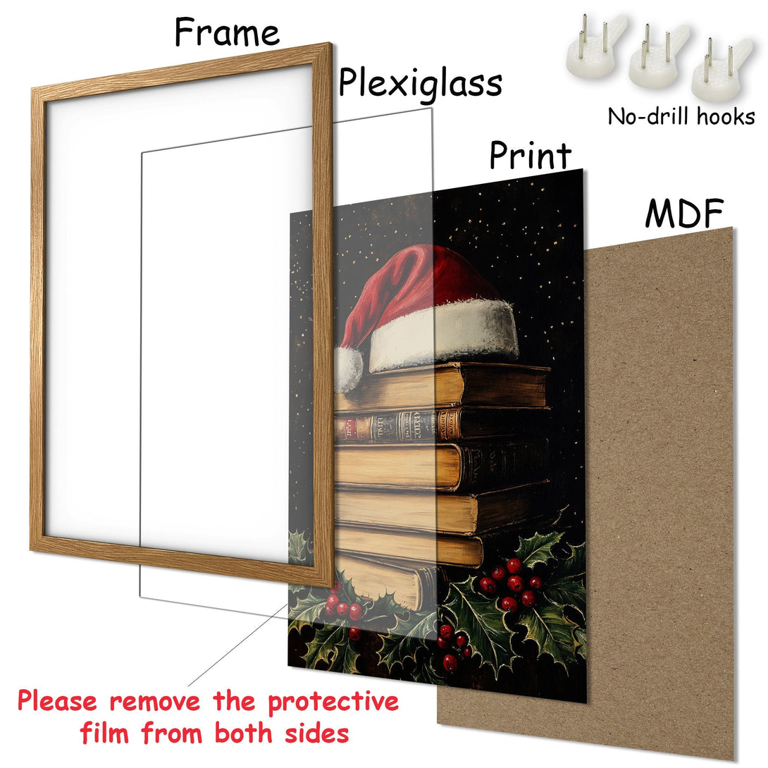 Framed Poster featuring a Christmas scene with a Santa hat on books, warm colors. Perfect holiday decor!