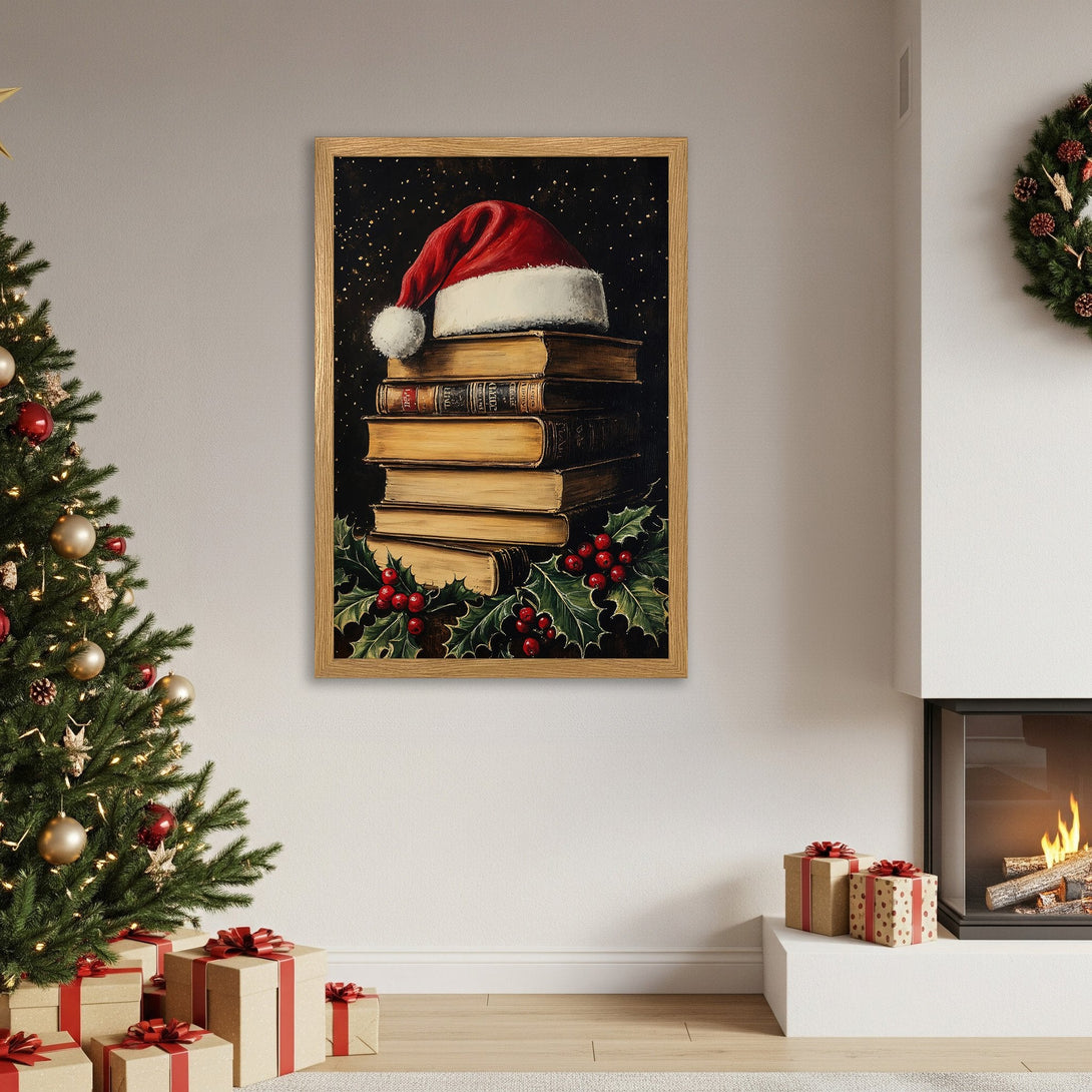 Framed Poster of Santa hat on books, vintage style, warm red & gold palette, perfect for holiday decor.