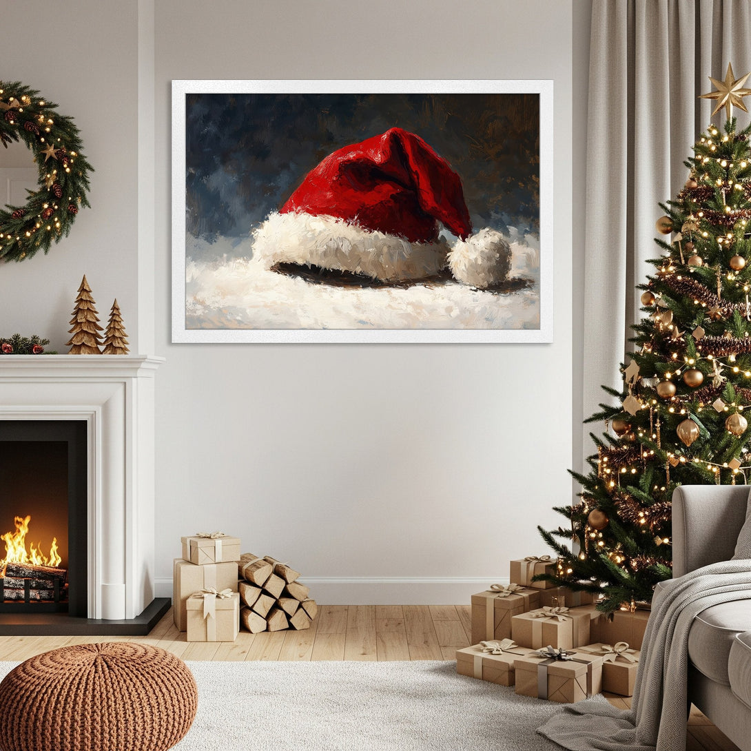 Framed Poster of Santa hat art in a painterly style, featuring red & white hues. Perfect Christmas decor!