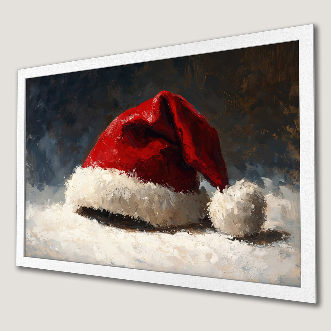 Framed Poster of Santa hat, oil painting style, red and white color palette, perfect Christmas decor.