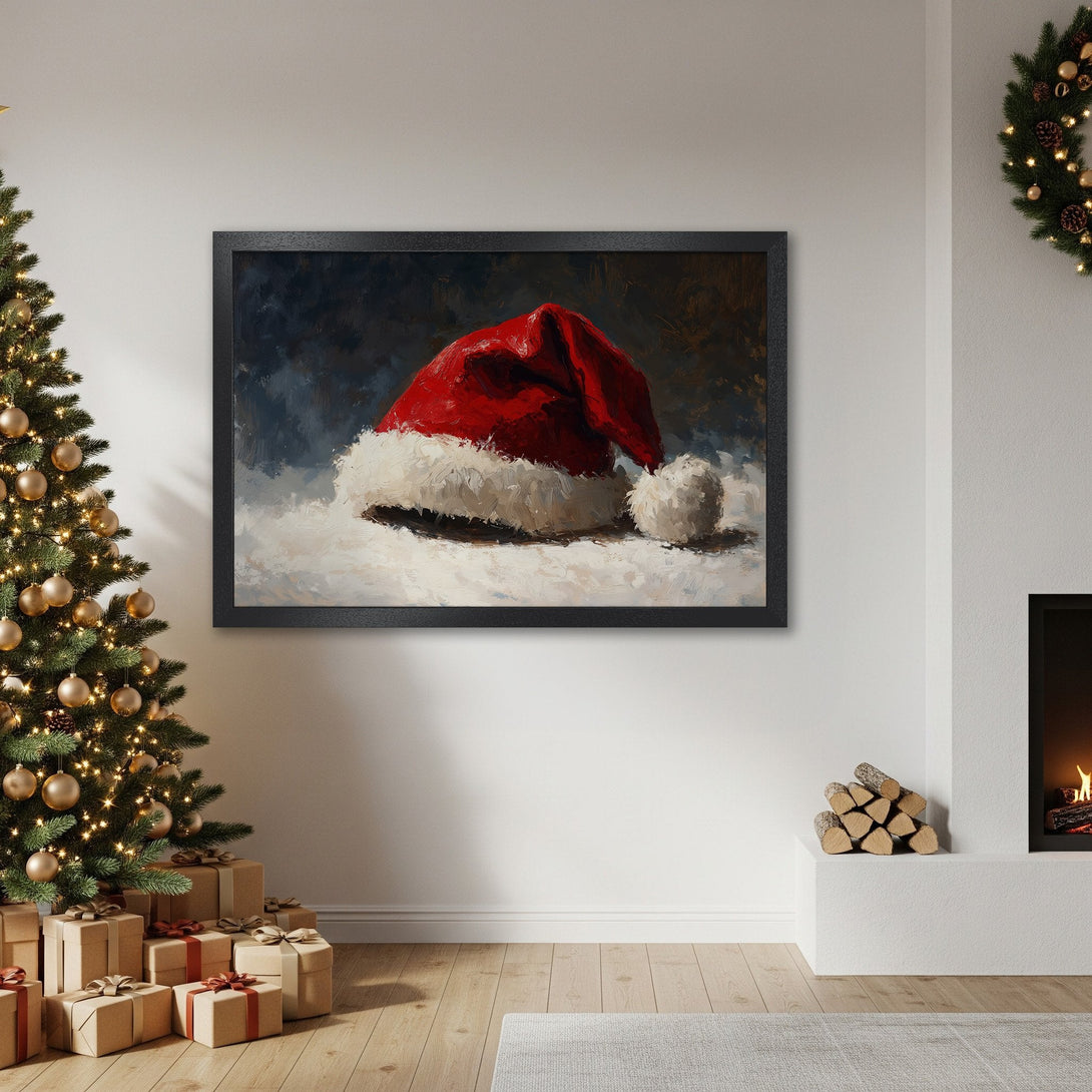 Framed Poster of Santa Hat, oil painting style, red and white palette, perfect Christmas decor.