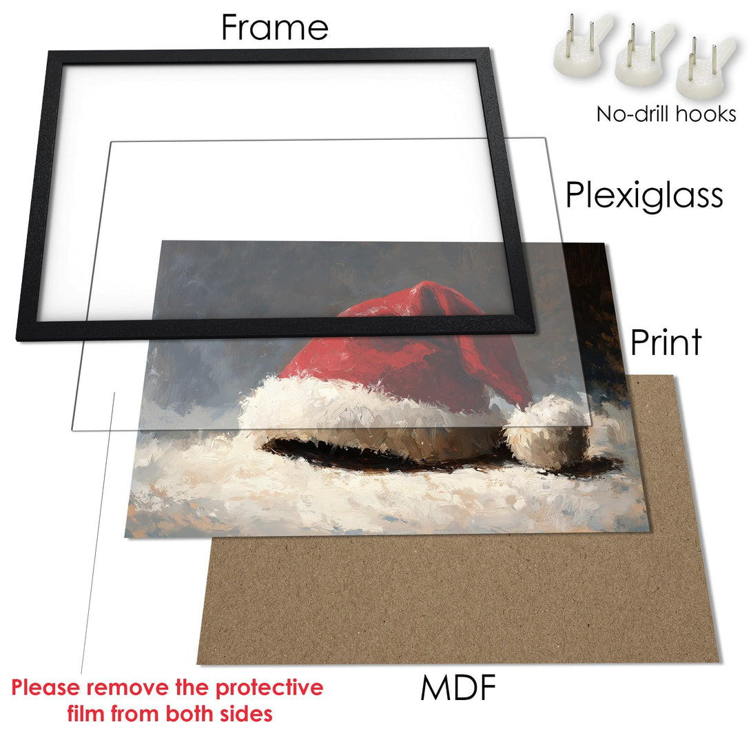 Framed Poster of a Santa hat in a painterly style with a neutral color palette. Perfect Christmas decor!