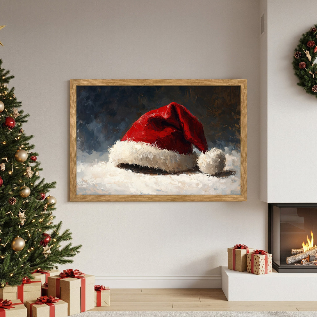 Framed Poster of a Santa hat in a painterly style. Features a festive red, white, and blue color palette. Perfect Christmas decor!