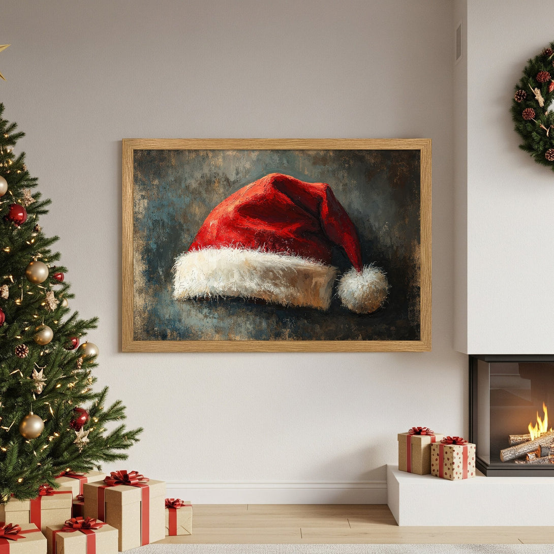 Framed Poster featuring a Santa hat painting. Festive art in red, white, and blue tones. Perfect Christmas decor!