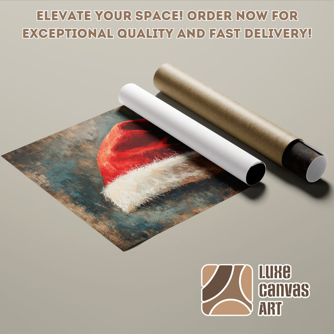 Poster Roll of Santa Hat Art, rustic style, red & blue color palette. Elevate your space!