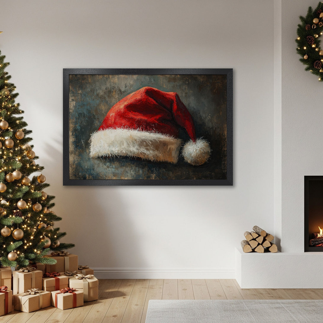 Framed Poster of Santa hat, oil painting style, red & blue color palette, perfect Christmas decor.