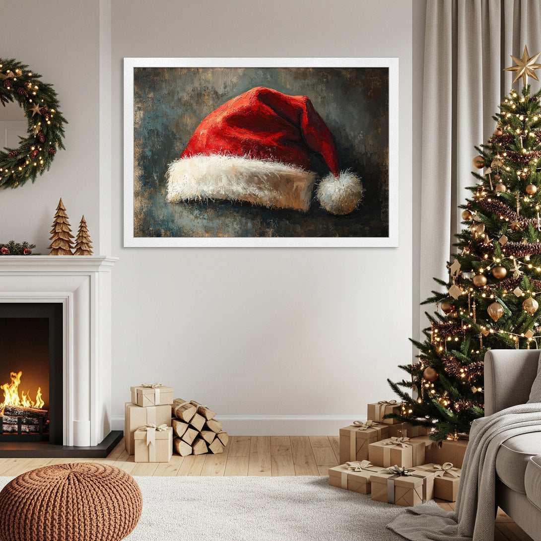 Framed Poster of Santa hat art. Festive holiday decor with red, white, and blue-grey color palette. Perfect Christmas wall art.