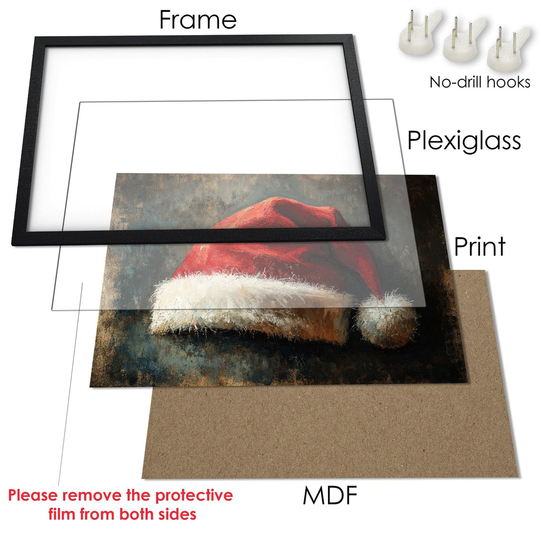 Framed Poster featuring a Santa hat in a painterly style with a warm, rustic color palette. Perfect holiday decor!