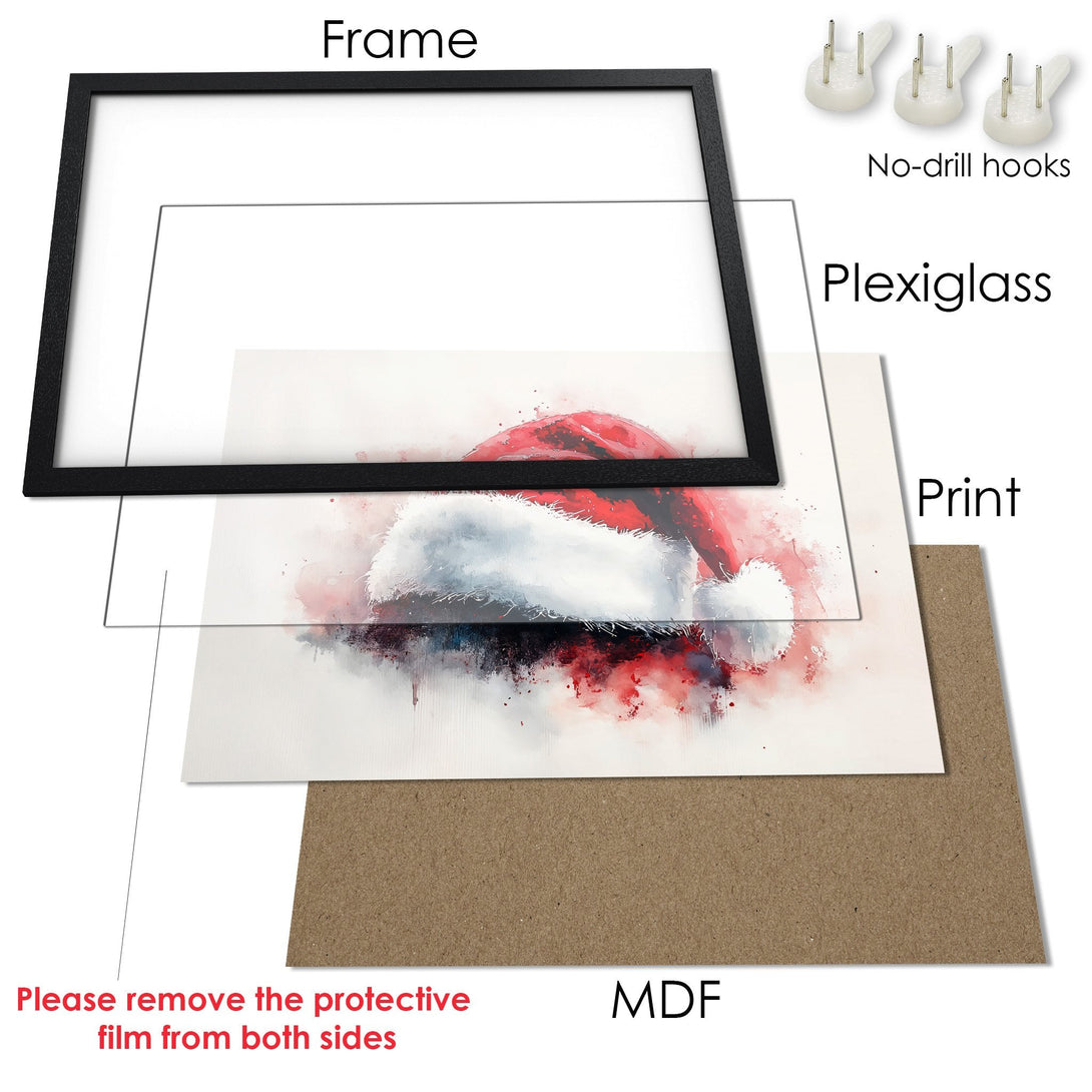 Framed Poster featuring a watercolor Santa hat design. Festive art with a red, white, and black color palette. Ready to hang!