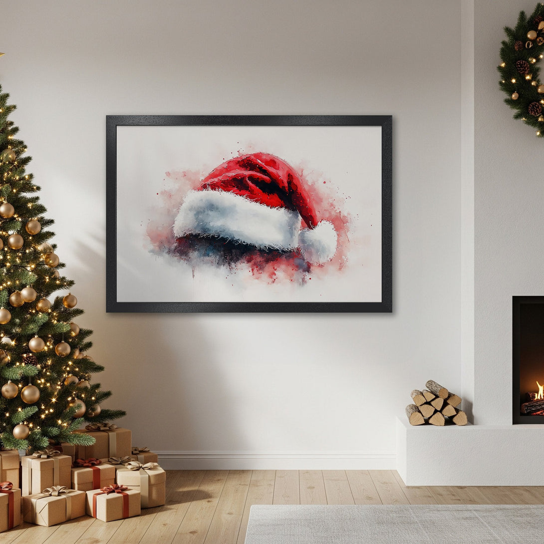 Framed Poster featuring a watercolor Santa hat, red & white art, perfect Christmas decor.