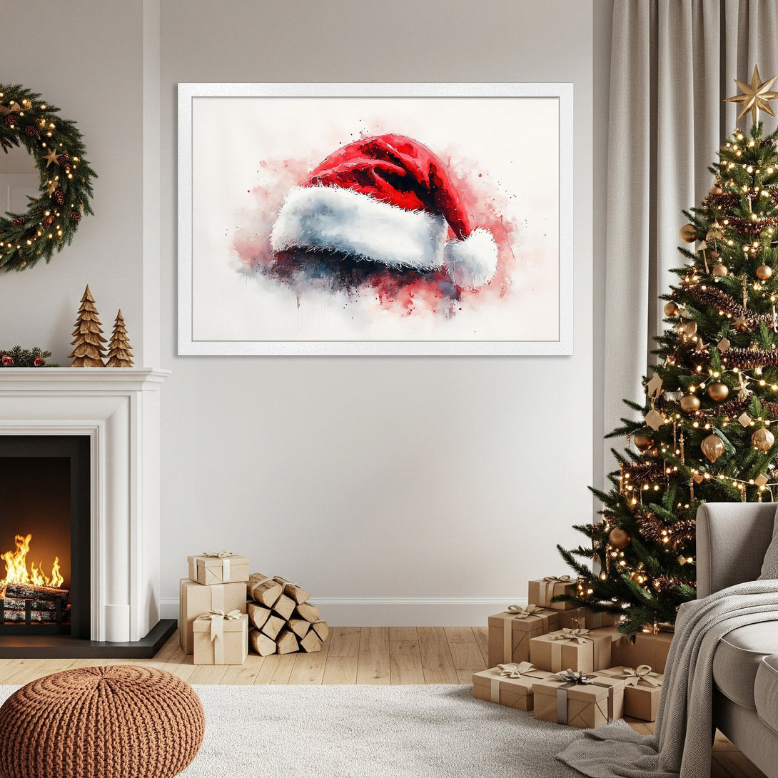 Framed Poster featuring a watercolor Santa hat. Festive art in red, white, and neutral tones, perfect for Christmas decor.