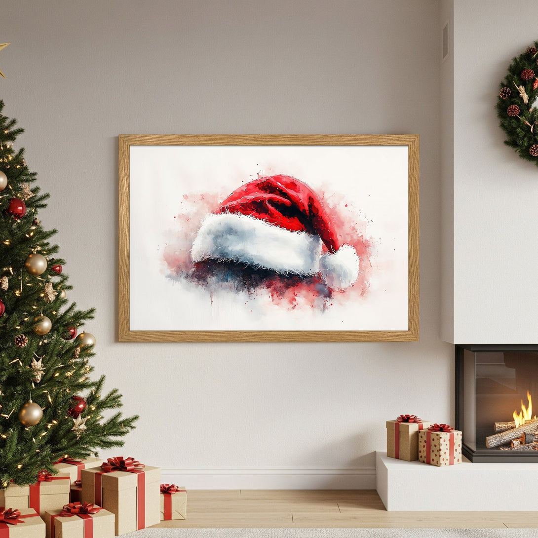 Framed Poster featuring a watercolor Santa hat, festive style, red and white color palette, perfect Christmas decor.