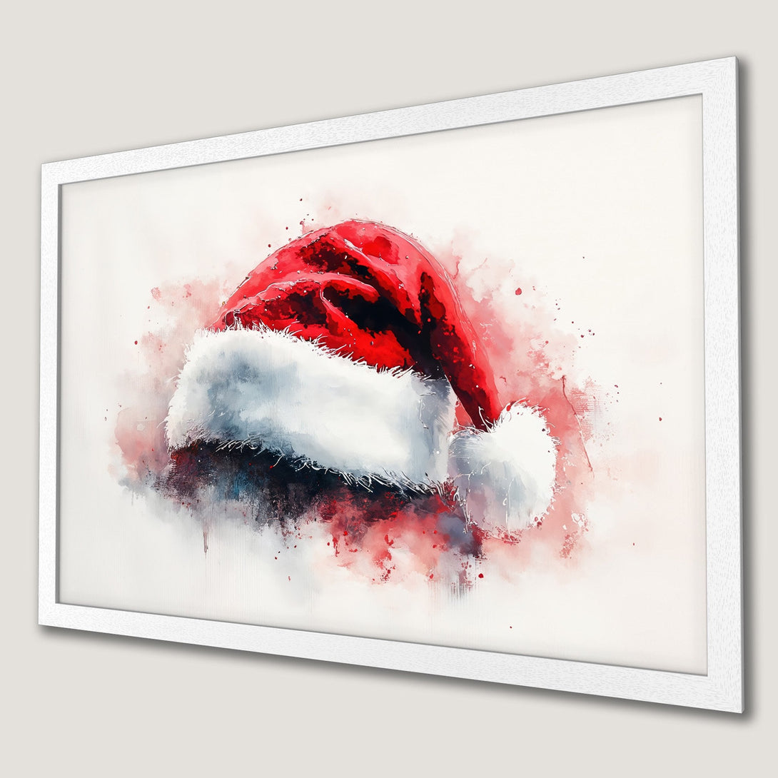 Framed Poster of a Santa hat in watercolor style, red, white, and gray color palette, perfect holiday decor.