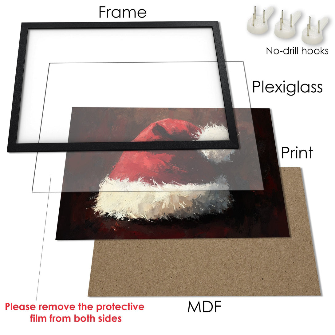 Framed Poster of a Santa hat, abstract style, with red, white, and brown tones. Perfect Christmas decor!