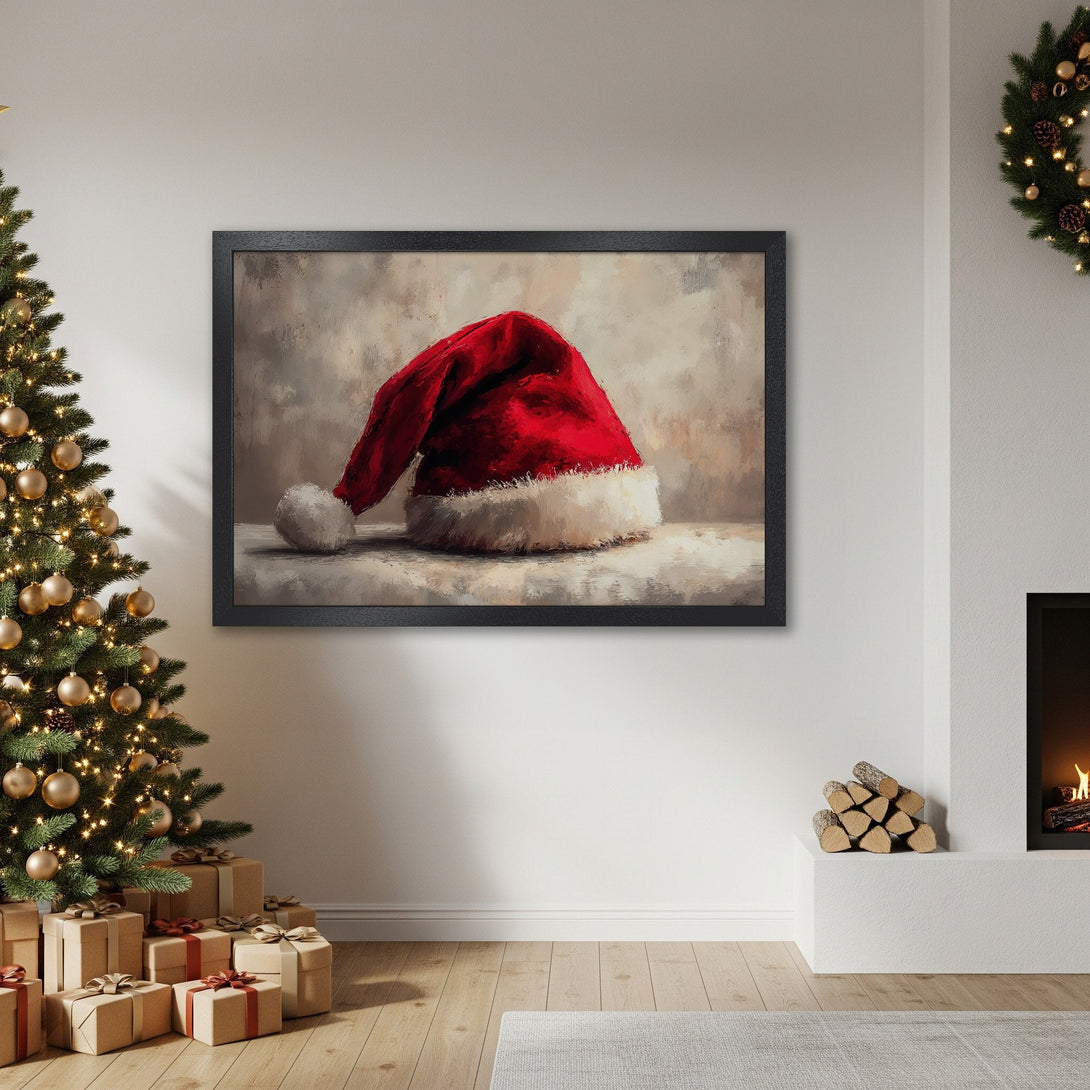 Framed Poster of Santa Hat, oil painting style, red & neutral color palette, perfect Christmas decor.