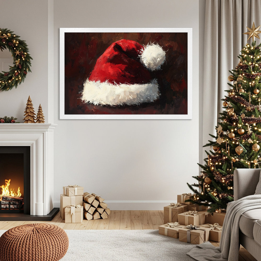 Framed Poster of Santa Hat, Impressionist style, red & white on dark background, perfect for Christmas decor.