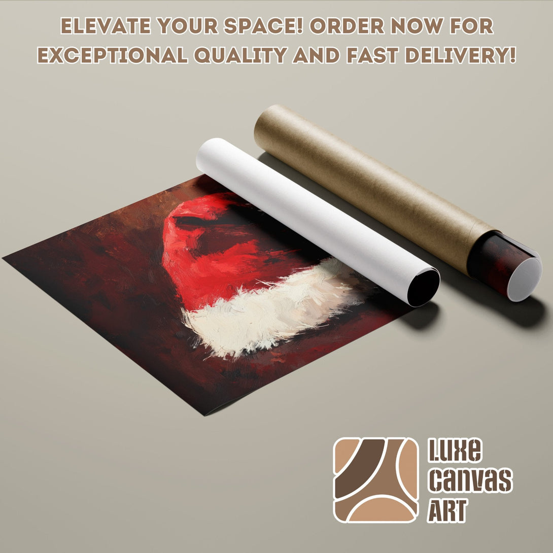 Santa hat art poster roll, brushstroke style, red & white. Elevate your space!