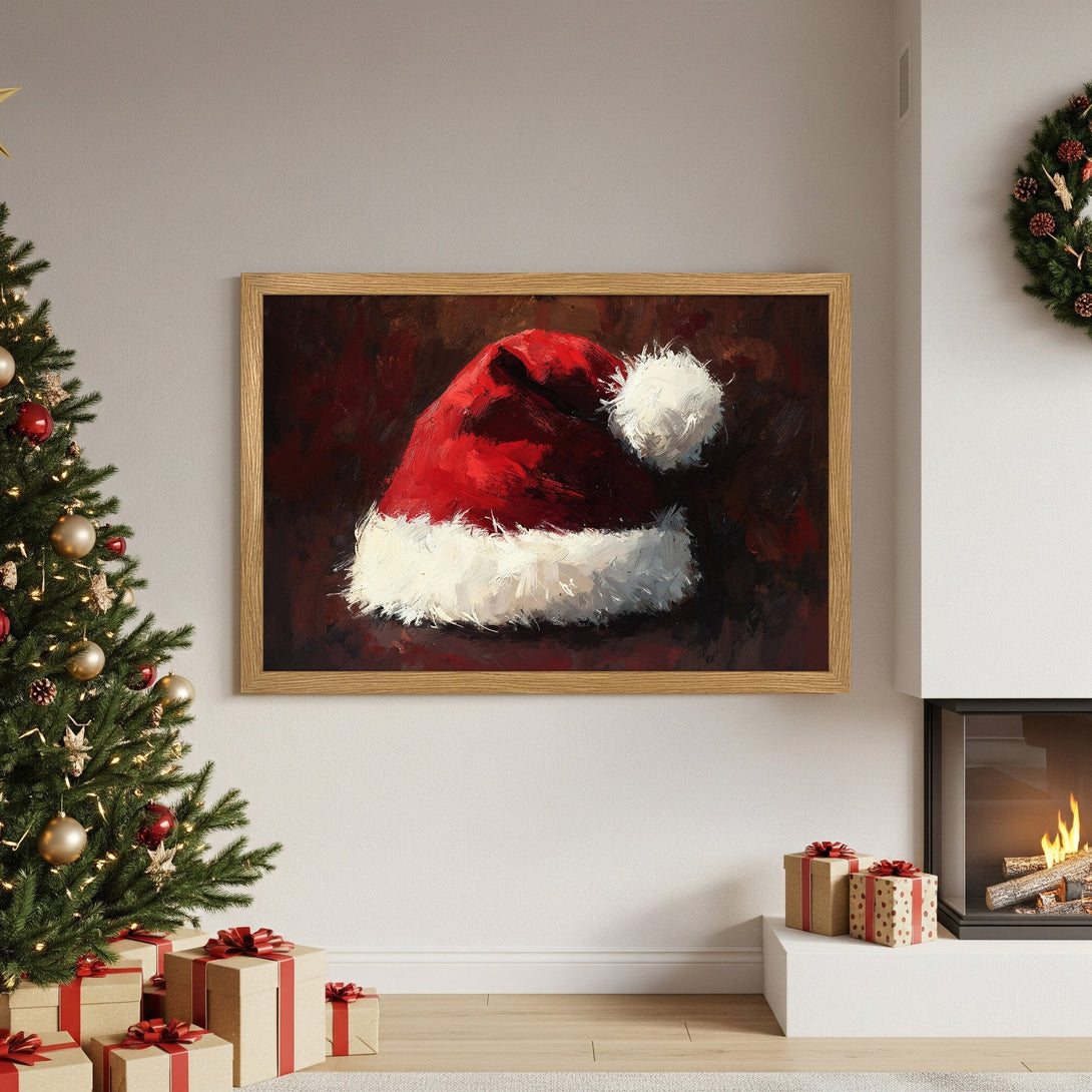 Framed Poster featuring a Santa hat painting in a warm red and brown palette, perfect Christmas decor.