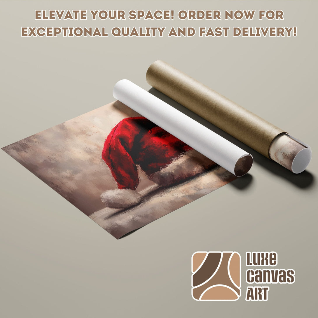 Christmas Santa Hat Poster Roll, artistic style, red and neutral color palette. Elevate your space!
