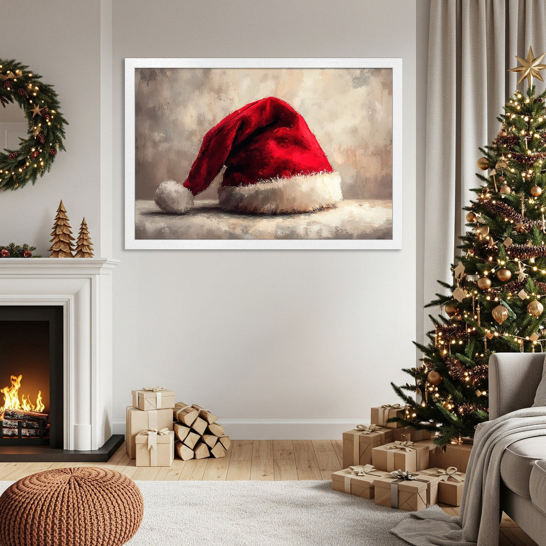Framed Poster of Santa hat in a warm, festive room. Red, white, and neutral color palette, perfect for holiday decor.