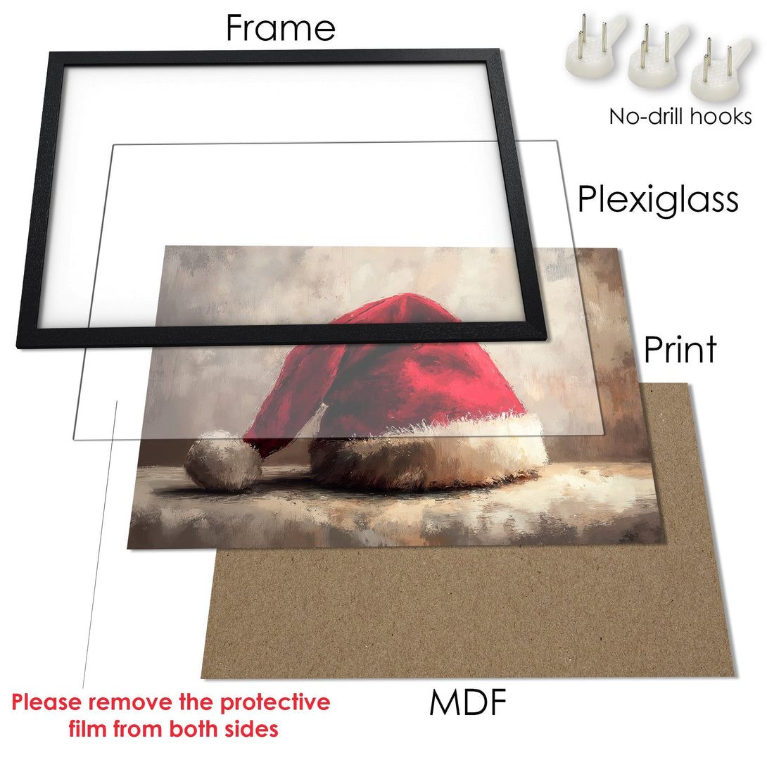 Framed Poster featuring a Santa hat painting, warm color palette, perfect for holiday decor. Get yours today!
