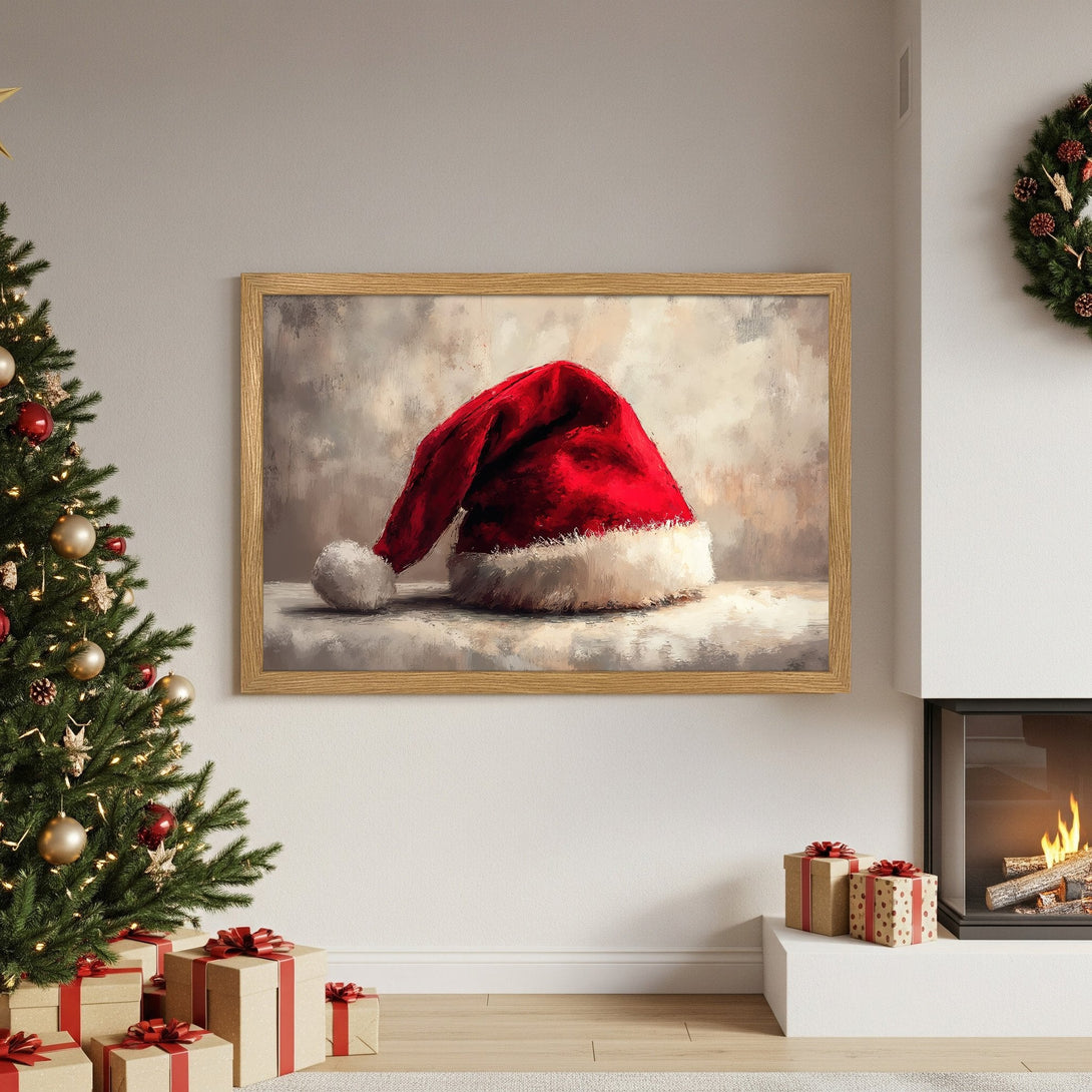 Framed Poster featuring a Santa hat in a painterly style. Festive red and white artwork, perfect for Christmas decor.