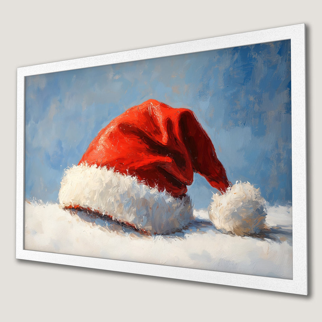 Framed Poster of Santa hat in a painterly style, red and white on a blue background, perfect for holiday decor.