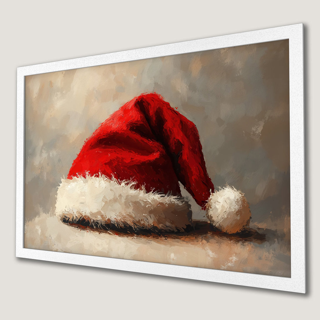 Framed Poster of a Santa hat in an impressionist style. Red and white colors with neutral background. Perfect Christmas decor.