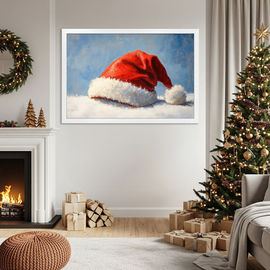 Framed Poster of Santa hat in oil painting style with red, white, and blue color palette, perfect for Christmas decor.