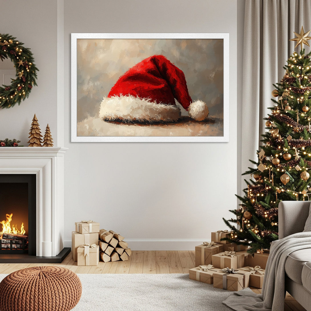 Framed Poster featuring a Santa hat, painted in a warm, festive style with a red, white, and neutral color palette. Perfect Christmas decor!