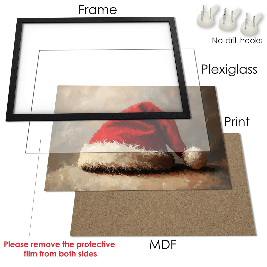 Framed Poster of a Santa hat in a warm color palette. Perfect holiday decor!