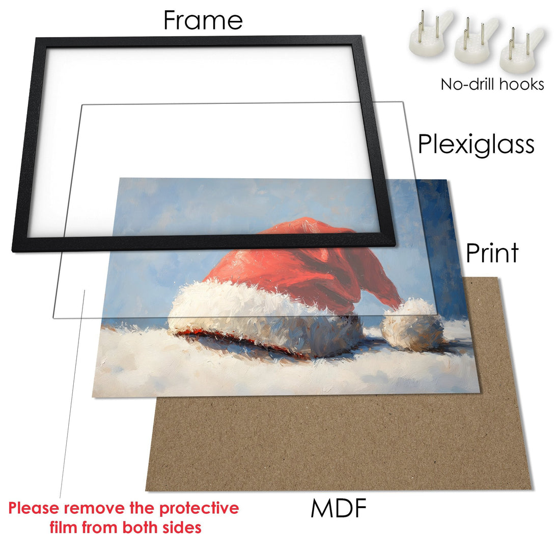 Framed Poster of Santa hat in impressionist style, featuring red, white, and blue hues. Perfect holiday decor!