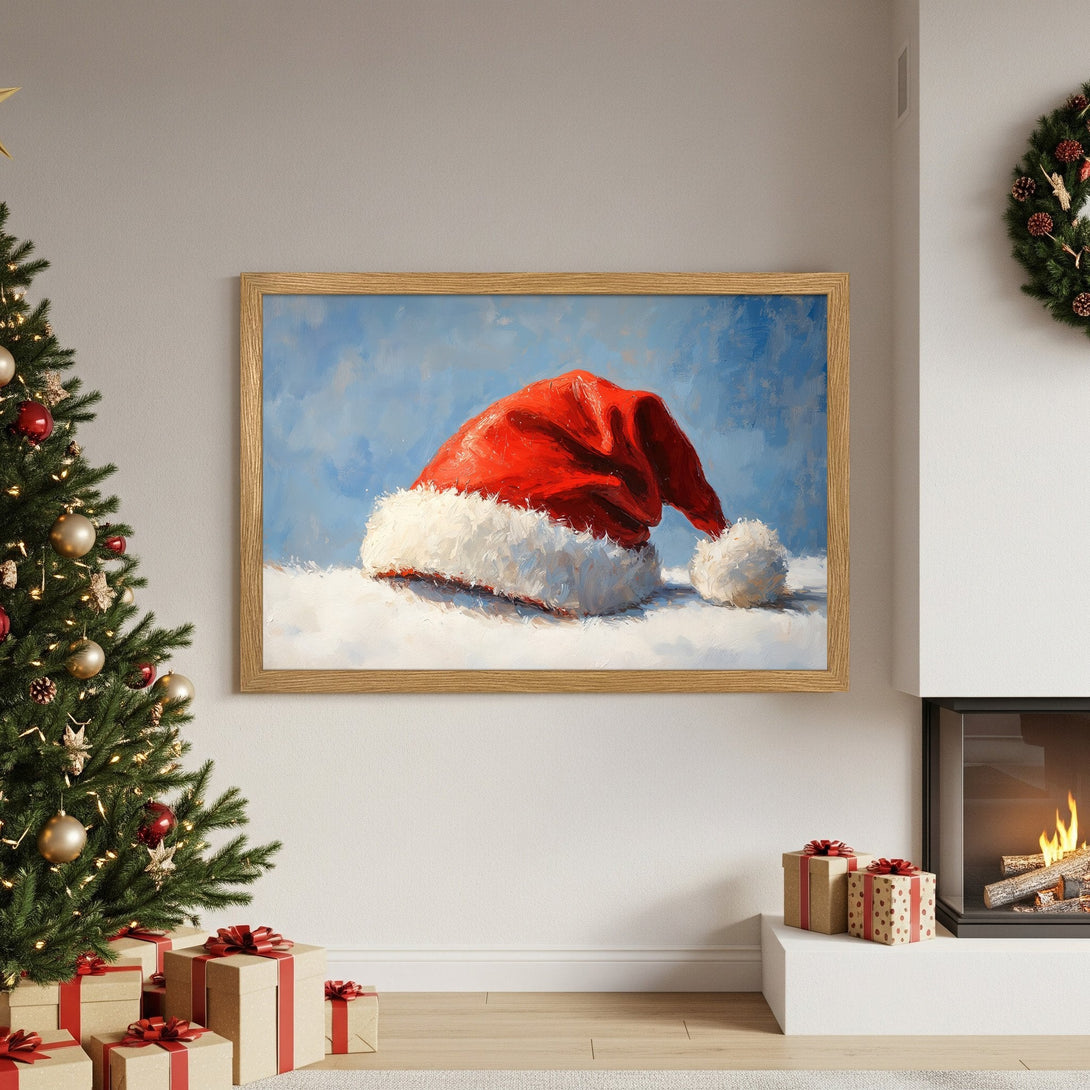 Framed Poster of Santa hat artwork, impressionist style, red, white, and blue color palette. Perfect Christmas decor!