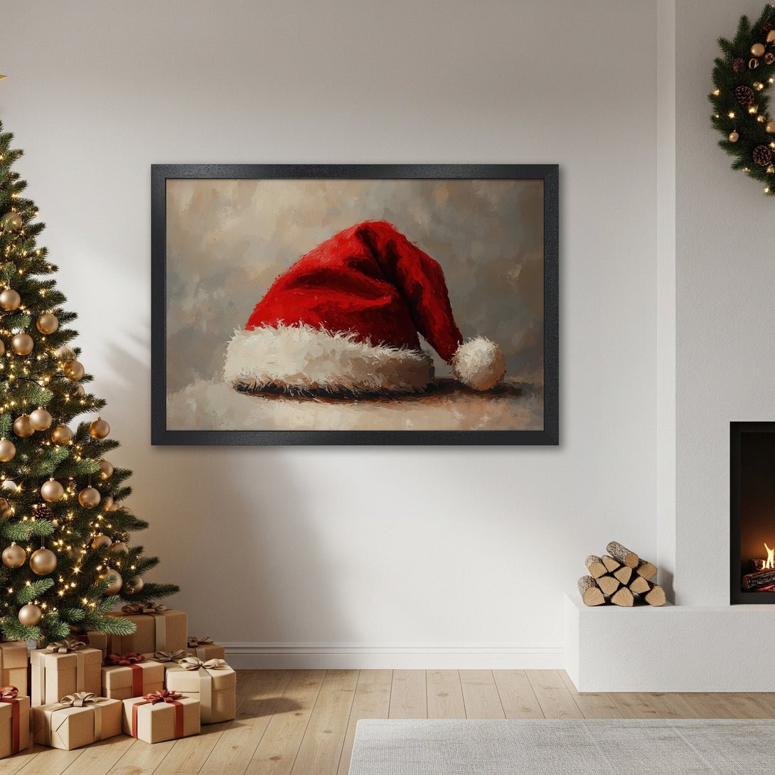 Framed Poster of Santa hat in oil painting style. Festive red & white artwork with neutral background. Perfect Christmas decor!