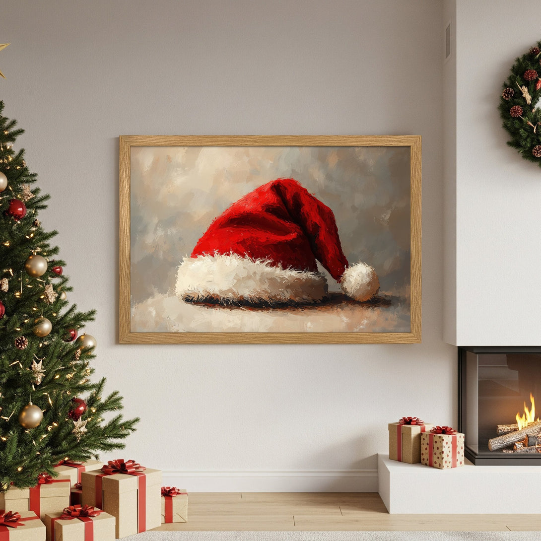 Framed Poster featuring a Santa hat painting in a warm, neutral color palette. Perfect holiday decor!
