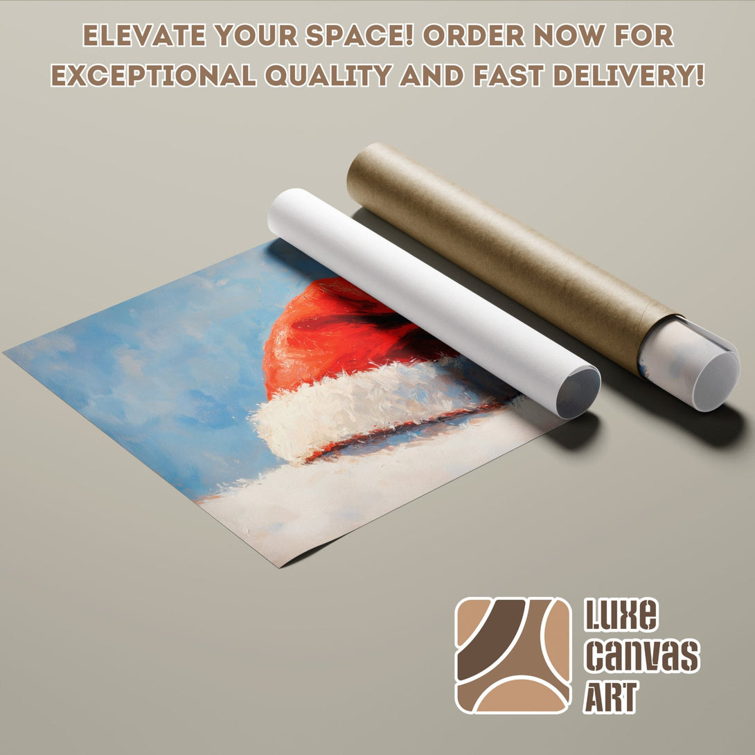 Poster Roll of Santa Hat Painting in Blue, Red, and White. Elevate your space with Luxe Canvas Art!