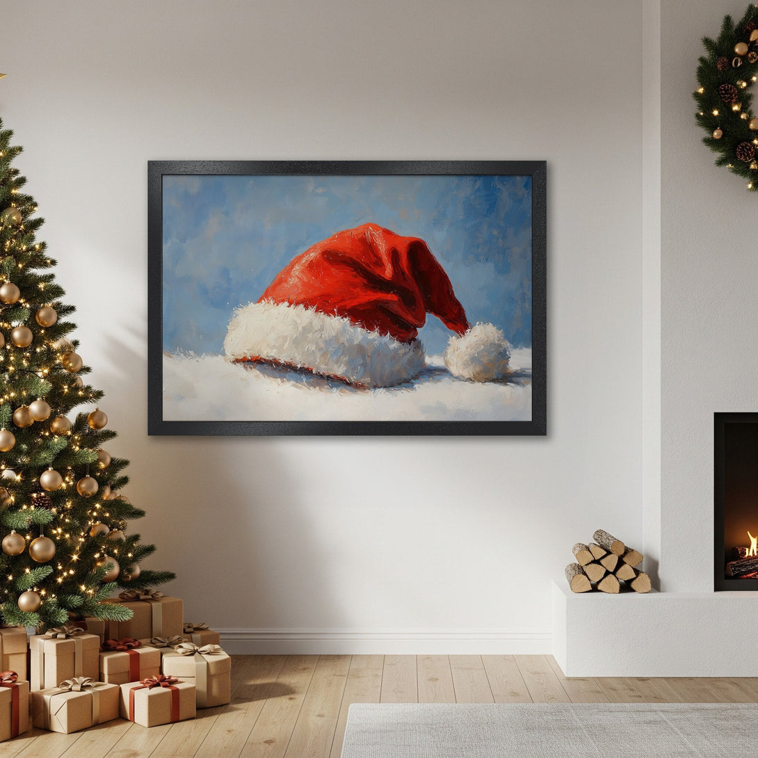 Framed Poster of Santa hat art, oil painting style, red & blue palette, perfect Christmas decor.