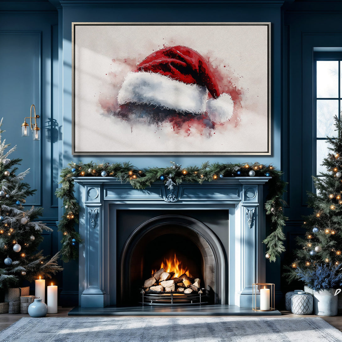 Framed Wall Art featuring a watercolor Santa hat. Festive Christmas decor in a blue and red color palette, perfect for holiday home styling.