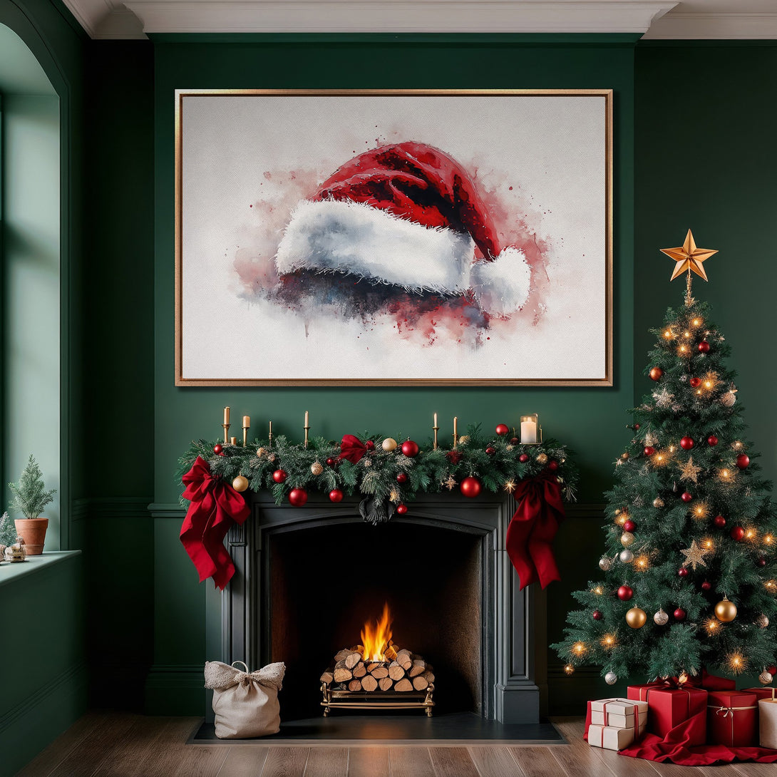 Framed Wall Art: Watercolor Santa hat print in a festive Christmas interior. Red, white, and green color palette. Perfect holiday home decor!