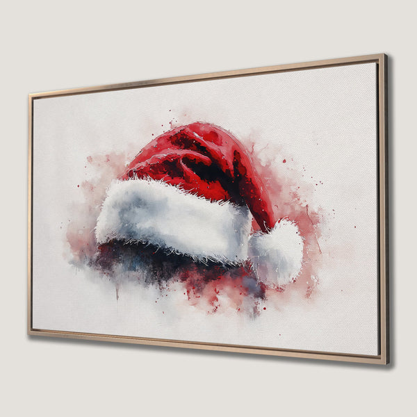 Framed Wall Art: Watercolor Santa hat in red, white, and black. Festive holiday decor, perfect for adding a touch of Christmas spirit to your home!